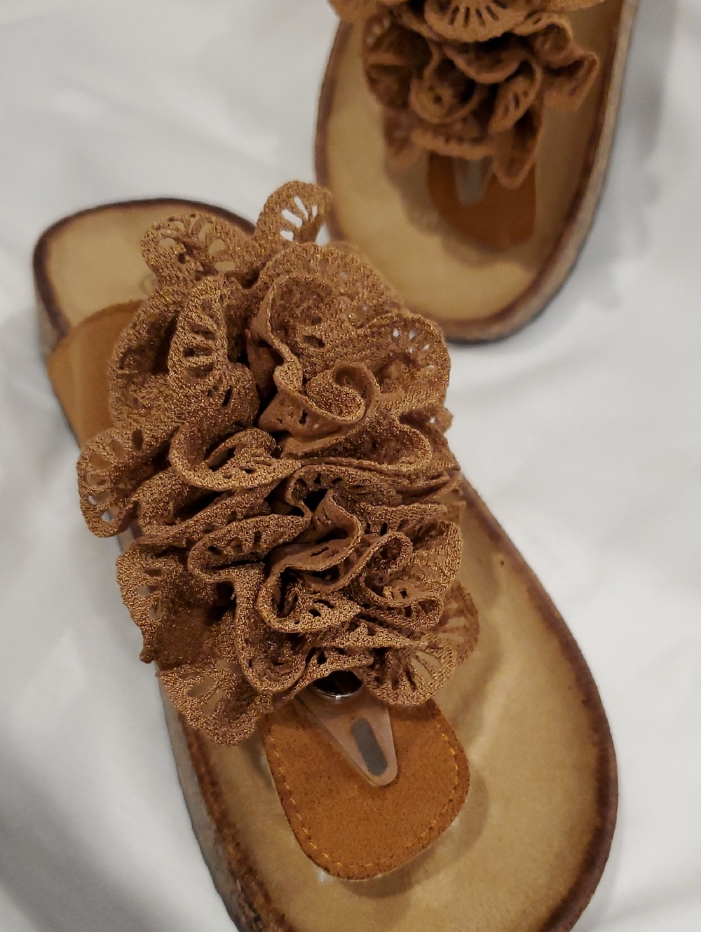 Women's Brown Floral Suede Thong Sandals